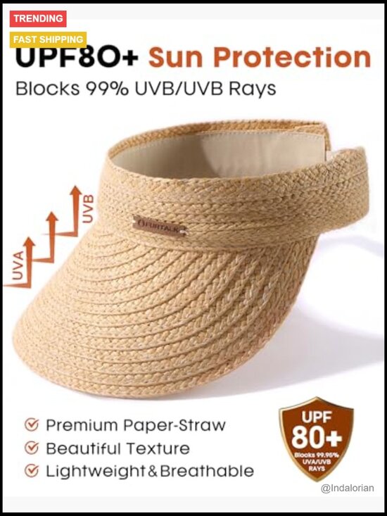 Wide Brim Straw Visor, Foldable Beach Hat with UPF 80+ Sun Protection